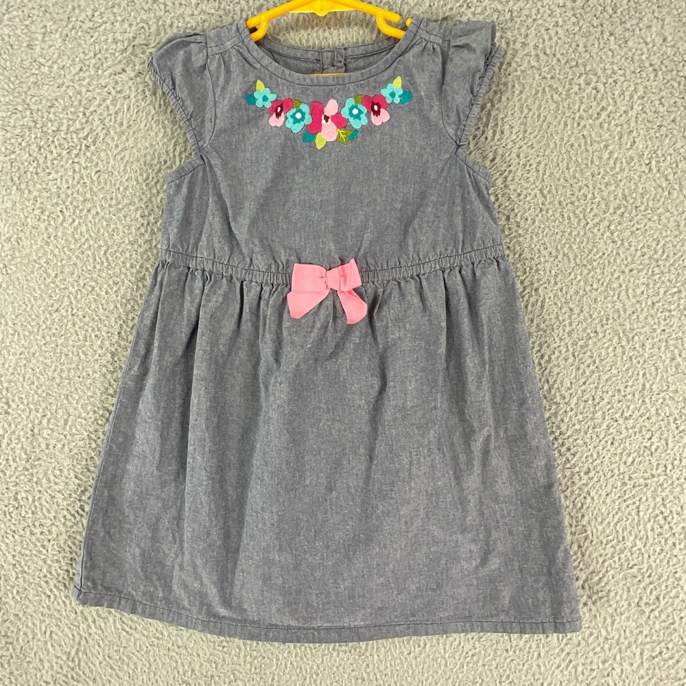 Gymboree Dress Kids 5T Blue Floral Embroidery Bow Chambray Cotton Casual